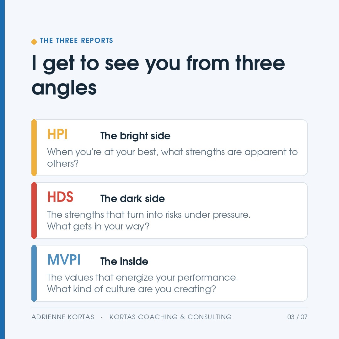 Hogan looks at you from three angles: HPI (bright side), HDS (dark side), and MVPI (values).